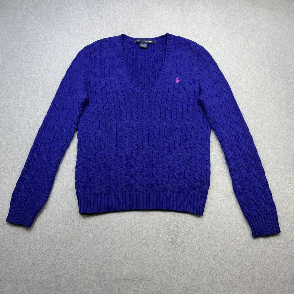 Ralph Lauren Sport Sweater Womens XL Blue Cotton Cable Knit V Neck Pullover